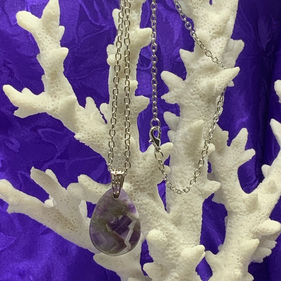 Purple Brazil Zebra Amethyst Necklace on Stainless Steel Silver Plated Chain - Picture 3 of 12